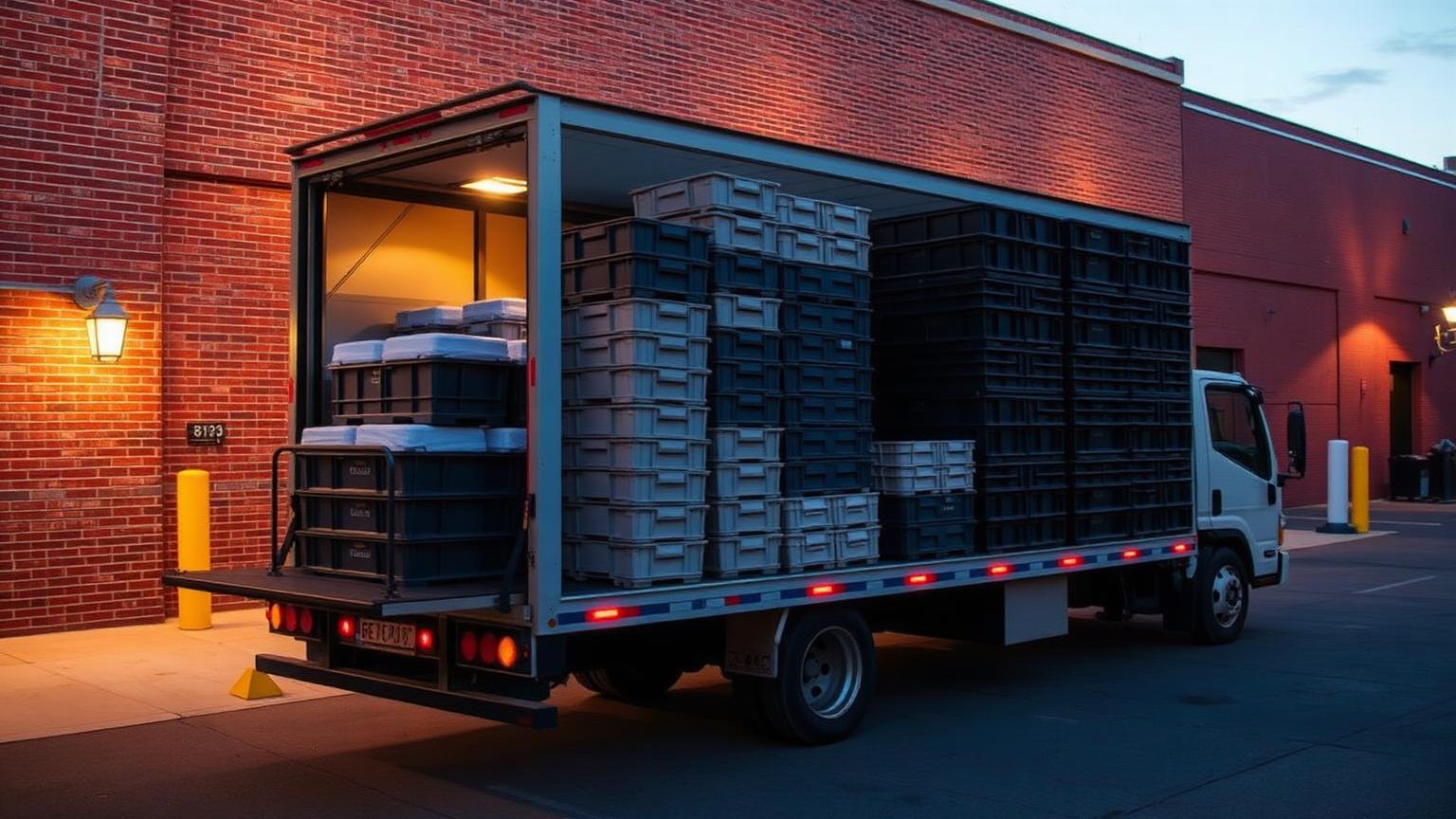 Catering equipment crates loaded on a delivery truck at a venue loading dock