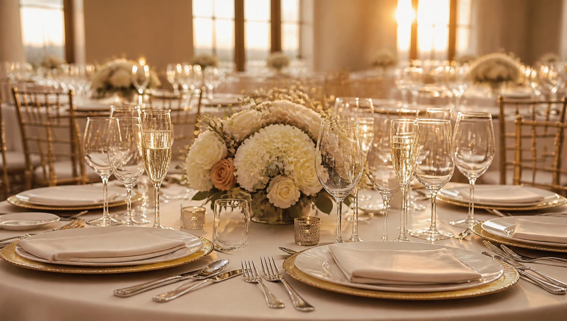 Formal banquet table set with glassware, gold-rim chargers and stainless flatware